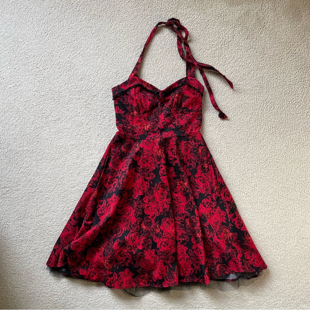 Hot Topic red and black floral halter dress